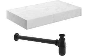 Pure 800mm Wall Hung White Marble Basin Shelf & Black Bottle Trap