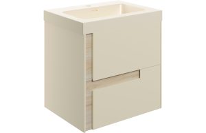 Layered 605mm Wall Hung 2 Drawer Basin Unit & Co-ordinating Basin - Matt Cotton & Oak Effect