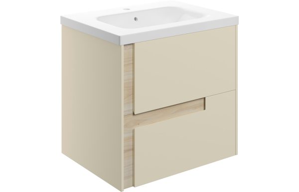 Layered 615mm Wall Hung 2 Drawer Basin Unit & White Basin - Matt Cotton & Oak Effect