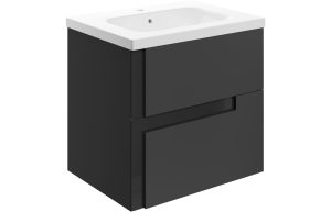 Layered 615mm Wall Hung 2 Drawer Basin Unit & White Basin - Matt Black & Glass