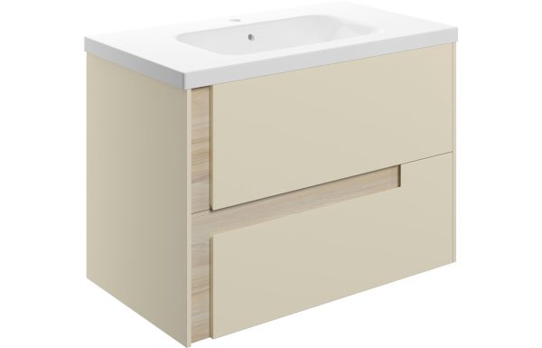 Layered 815mm Wall Hung 2 Drawer Basin Unit & White Basin - Matt Cotton & Oak Effect