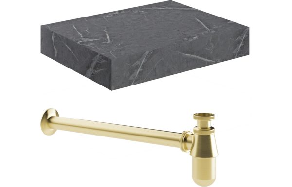 Pure 600mm Wall Hung Grey Marble Basin Shelf & Brushed Brass Bottle Trap