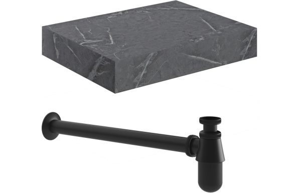 Pure 600mm Wall Hung Grey Marble Basin Shelf & Black Bottle Trap