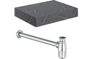 Pure 600mm Wall Hung Grey Marble Basin Shelf & Chrome Bottle Trap