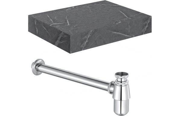 Pure 600mm Wall Hung Grey Marble Basin Shelf & Chrome Bottle Trap