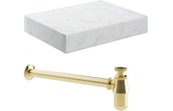 Pure 600mm Wall Hung White Marble Basin Shelf & Brushed Brass Bottle Trap