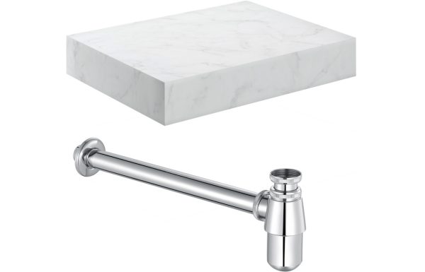 Pure 600mm Wall Hung White Marble Basin Shelf & Chrome Bottle Trap