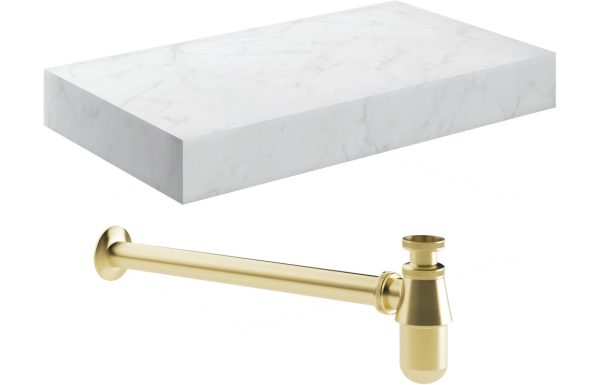 Pure 800mm Wall Hung White Marble Basin Shelf & Brushed Brass Bottle Trap