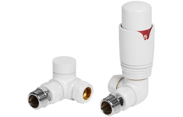 Round Thermostatic White Radiator Valves - Corner