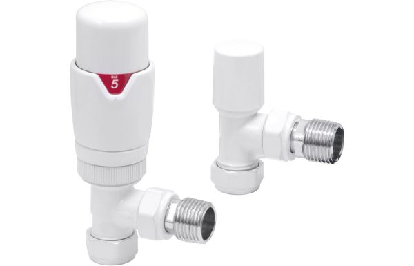 Round Thermostatic White Radiator Valves - Angled