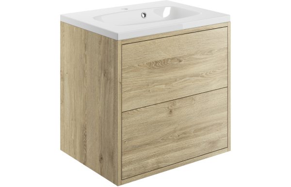 Zone 600mm 2 Drawer Wall Hung Basin Unit Inc. Basin - Havana Oak