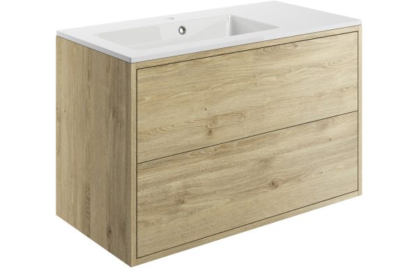 Zone 900mm 2 Drawer Wall Hung Basin Unit Inc. Basin - Havana Oak